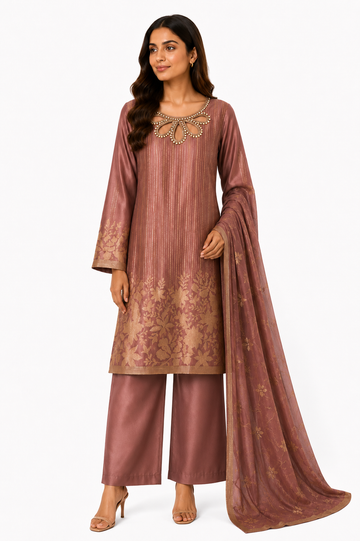 Gulnaar Blush Silk Embellished Pakistani Suit – 3 Piece Luxury Formal Outfit