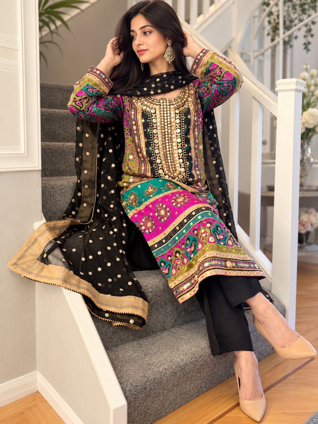 Black Luxury Embellished Silk Suit